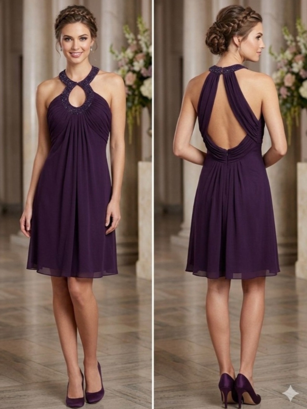 Xscape Deep Purple Halter Mini Dress with Beaded Neckline. Size 4P